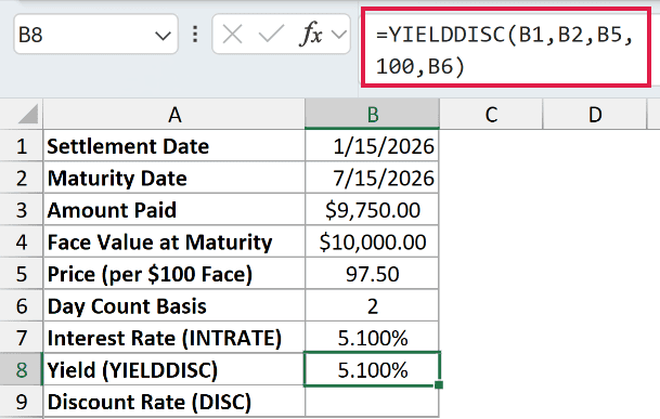 =YIELDDISC(B1,B2,B5,100,B6) in B8