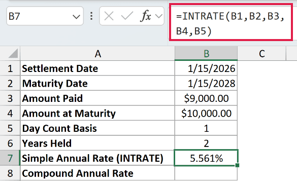 =INTRATE(B1,B2,B3,B4,B5) in B7