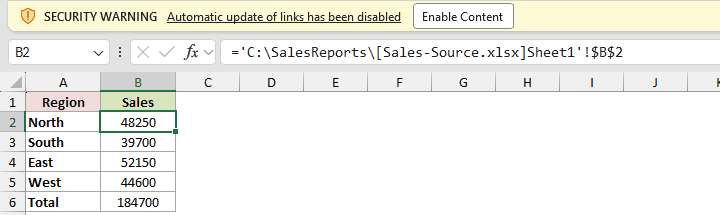 Excel security warning that automatic link updates are disabled, with the Enable Content button