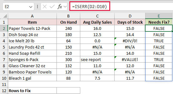 =ISERR(D2:D10) in E2
