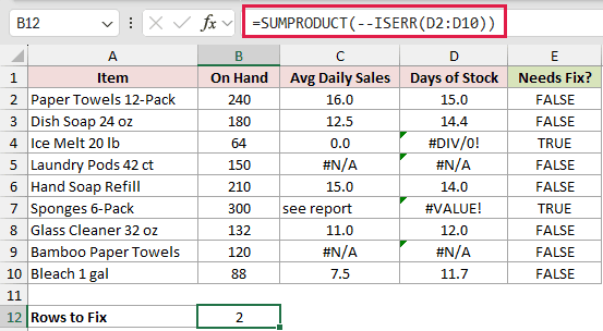 =SUMPRODUCT(--ISERR(D2:D10)) in B12