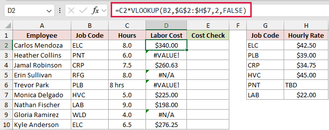 =C2*VLOOKUP(B2,$G$2:$H$7,2,FALSE) in D2