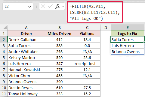 =FILTER(A2:A11,ISERR(B2:B11/C2:C11),"All logs OK") in E2