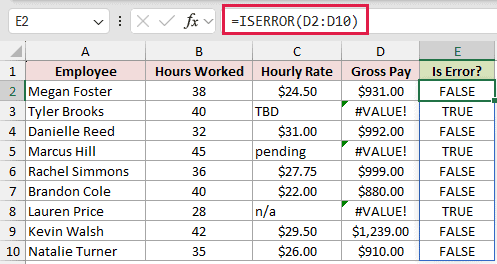 =ISERROR(D2:D10) in E2