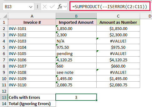 =SUMPRODUCT(--ISERROR(C2:C11)) in B13