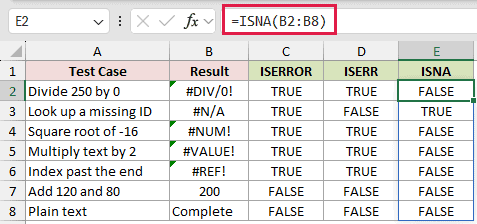 =ISNA(B2:B8) in E2