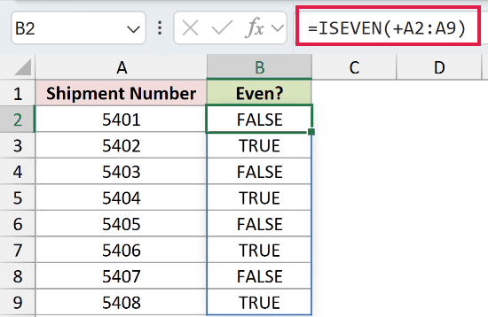 =ISEVEN(+A2:A9) in B2