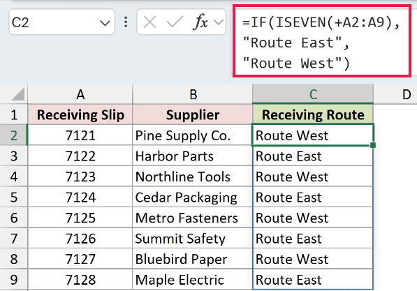 =IF(ISEVEN(+A2:A9),"Route East","Route West") in C2