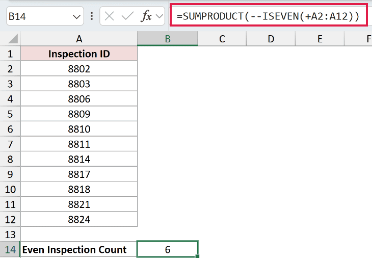 =SUMPRODUCT(--ISEVEN(+A2:A12)) in B14