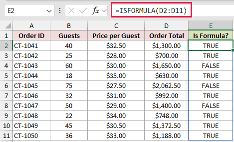 =ISFORMULA(D2:D11) in E2