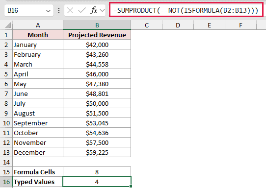 =SUMPRODUCT(--NOT(ISFORMULA(B2:B13))) in B16