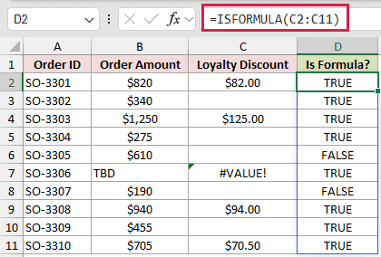=ISFORMULA(C2:C11) in D2