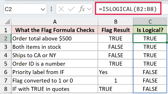 =ISLOGICAL(B2:B8) in C2