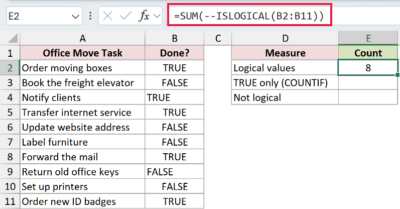 =SUM(--ISLOGICAL(B2:B11)) in E2