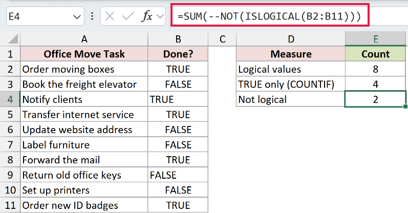 =SUM(--NOT(ISLOGICAL(B2:B11))) in E4