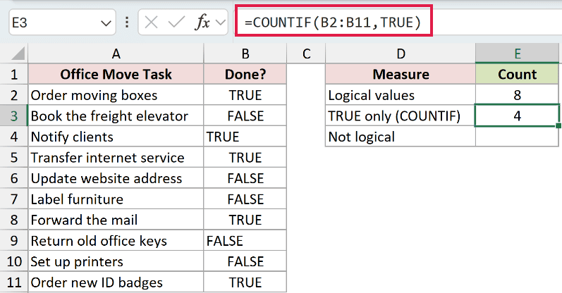 =COUNTIF(B2:B11,TRUE) in E3