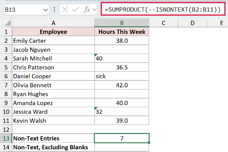=SUMPRODUCT(--ISNONTEXT(B2:B11)) in B13
