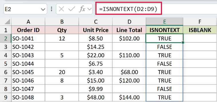 =ISNONTEXT(D2:D9) in E2
