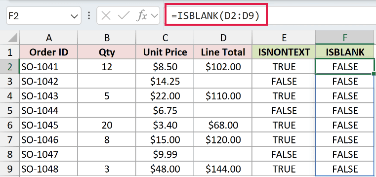 =ISBLANK(D2:D9) in F2