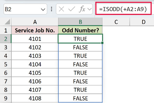 =ISODD(+A2:A9) in B2