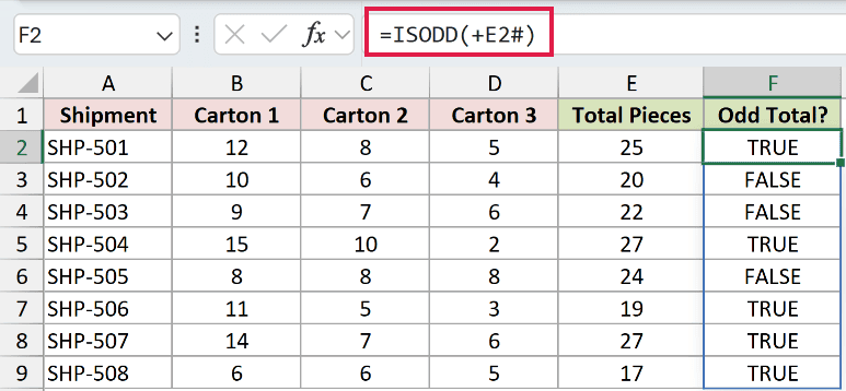 =ISODD(+E2#) in F2
