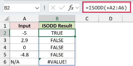 =ISODD(+A2:A6) in B2