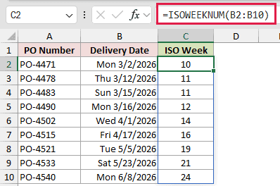 =ISOWEEKNUM(B2:B10) in C2