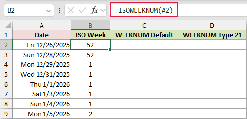 =ISOWEEKNUM(A2) in B2