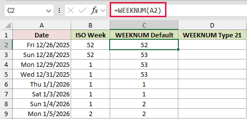=WEEKNUM(A2) in C2