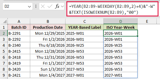 =YEAR(B2:B9-WEEKDAY(B2:B9,2)+4)&"-W"&TEXT(ISOWEEKNUM(B2:B9),"00") in D2