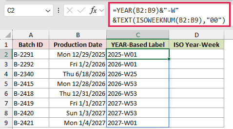 =YEAR(B2:B9)&"-W"&TEXT(ISOWEEKNUM(B2:B9),"00") in C2