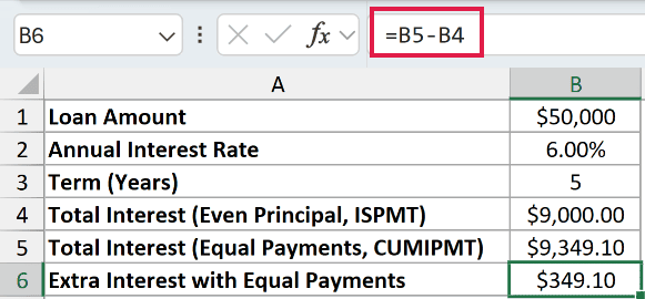 =B5-B4 in B6