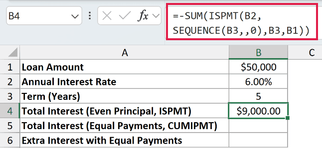 =-SUM(ISPMT(B2,SEQUENCE(B3,,0),B3,B1)) in B4
