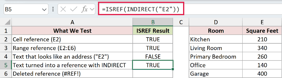=ISREF(INDIRECT("E2")) in B5
