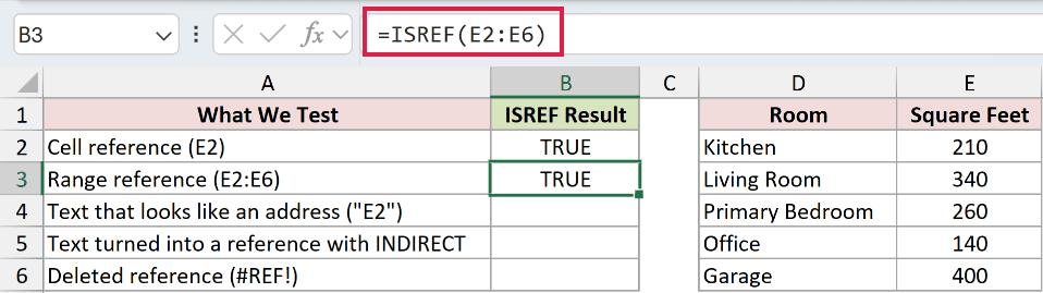 =ISREF(E2:E6) in B3