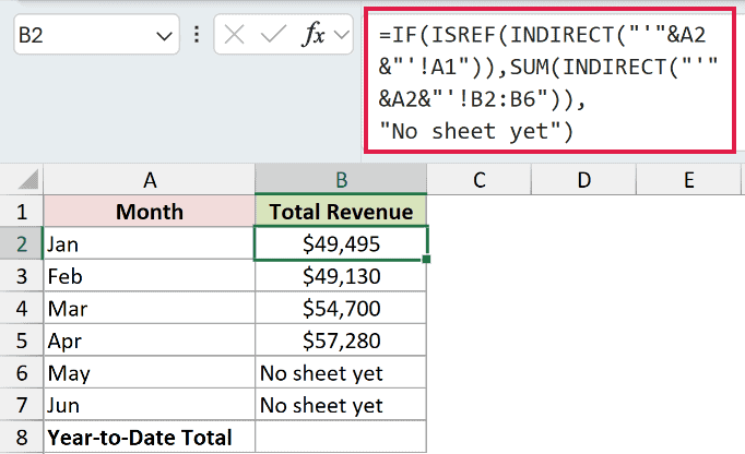 =IF(ISREF(INDIRECT("'"&A2&"'!A1")),SUM(INDIRECT("'"&A2&"'!B2:B6")),"No sheet yet") in B2