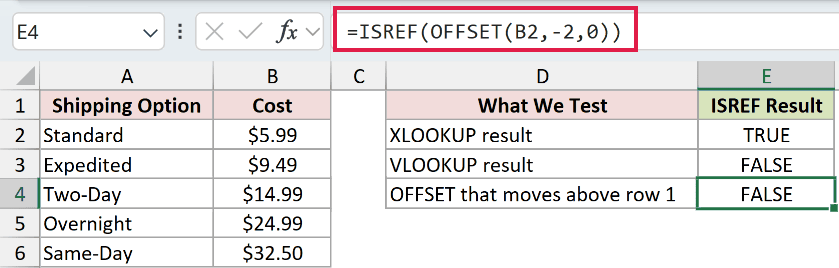 =ISREF(OFFSET(B2,-2,0)) in E4