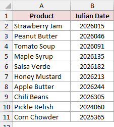Product names with seven-digit YYYYDDD Julian dates in column B