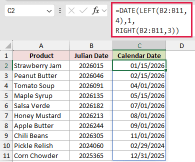 DATE with LEFT and RIGHT formula spilling calendar dates down column C