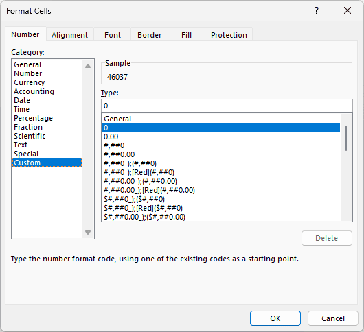 Format Cells dialog with the Custom category selected for the converted date cells
