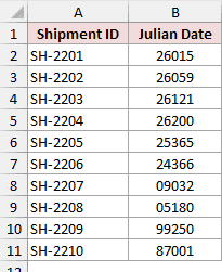 Shipment IDs with five-digit YYDDD Julian dates, including codes with a leading zero