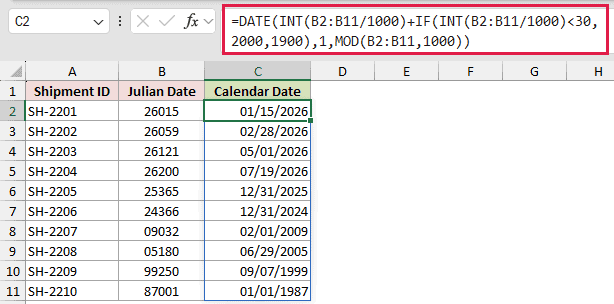 DATE with INT and MOD formula converting five-digit Julian dates to calendar dates