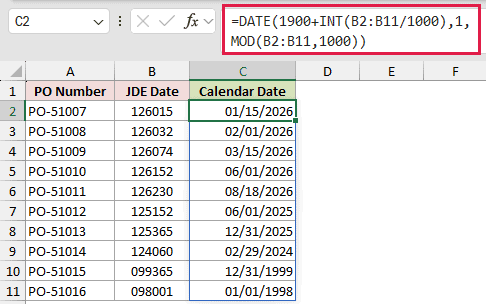 Formula converting JDE CYYDDD dates to calendar dates in column C