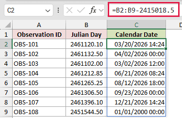 Subtracting 2415018.5 converts Julian Day Numbers to dates with times