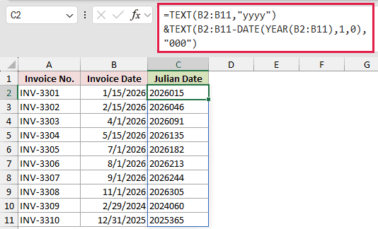 TEXT and YEAR formula returning seven-digit Julian codes from invoice dates