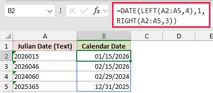 Julian dates stored as text converted to calendar dates with the same DATE formula