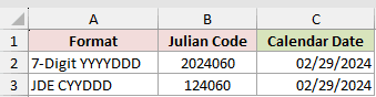 Day 060 converts to February 29, 2024 for both a 7-digit code and a JDE code