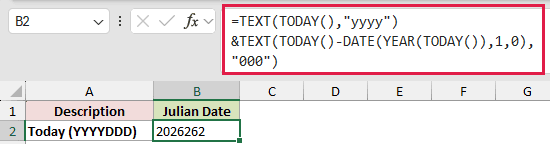 Formula returning today's date as a seven-digit Julian code