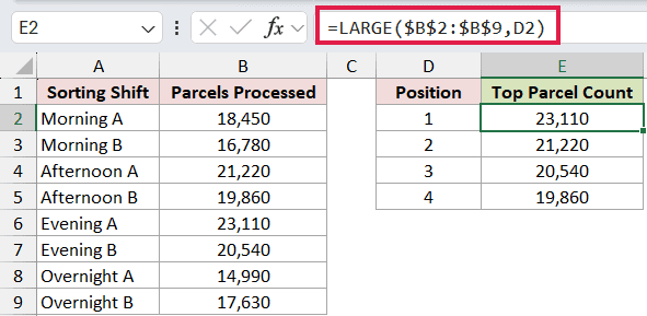 =LARGE($B$2:$B$9,D2) in E2