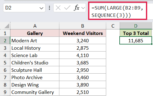 =SUM(LARGE(B2:B9,SEQUENCE(3))) in D2